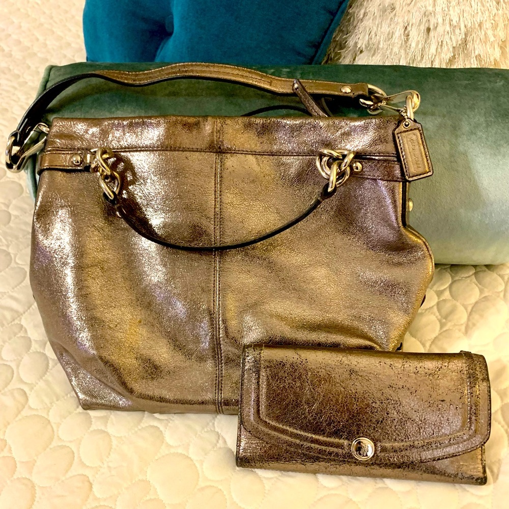 SOLD. Beautiful Coach Leather Metallic Hobo and wallet